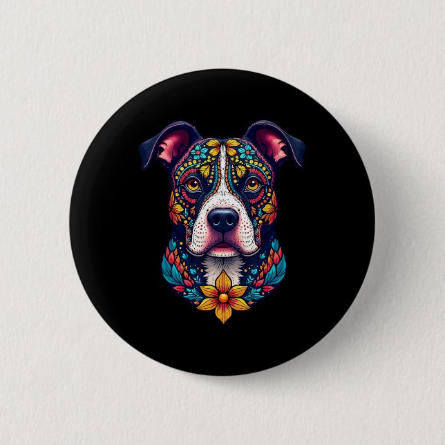 Mexican Sugar Skull Pitbull Dog Dia De Muertos Hal 6 Cm Round Badge (Front)