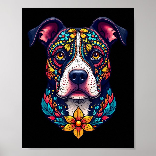 Mexican Sugar Skull Pitbull Dog Dia De Muertos Hal Poster (Front)