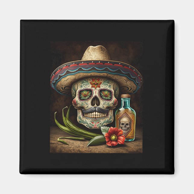 Mexican Sugar Skull Tequila Sombrero Cinco De Mayo Magnet (Front)