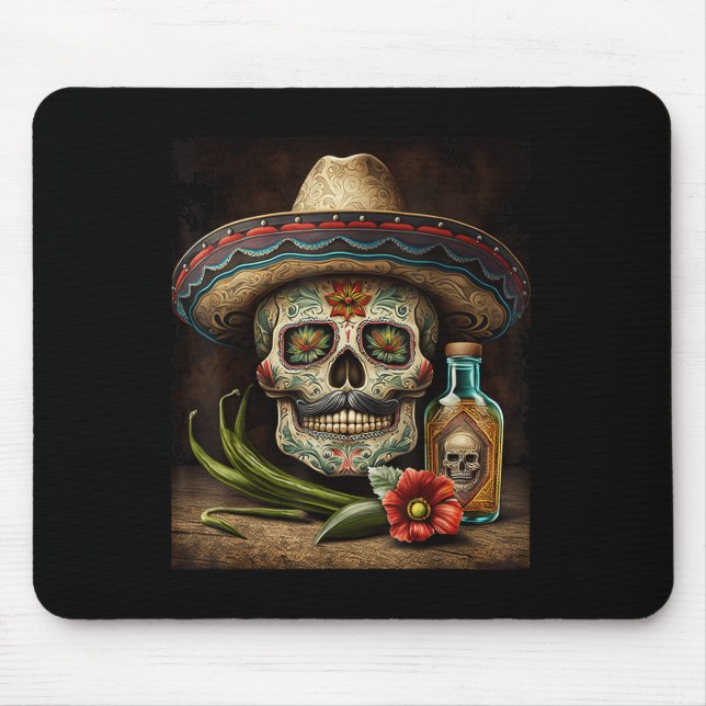 Mexican Sugar Skull Tequila Sombrero Cinco De Mayo Mouse Pad (Front)