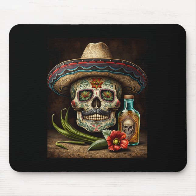Mexican Sugar Skull Tequila Sombrero Cinco De Mayo Mouse Pad (Front)