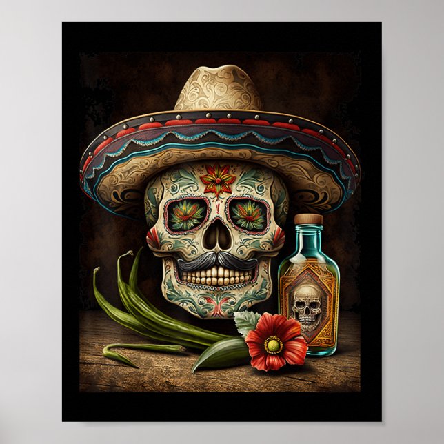 Mexican Sugar Skull Tequila Sombrero Cinco De Mayo Poster (Front)