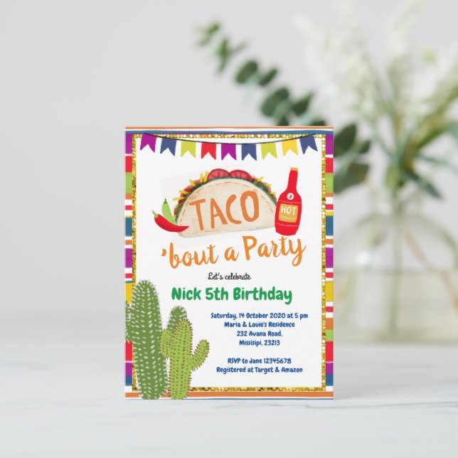 Mexican Taco Bout a Party Birthday Invitation Postcard (Standing Front)