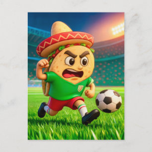 Mexican taco soccer player running across stadium postcard