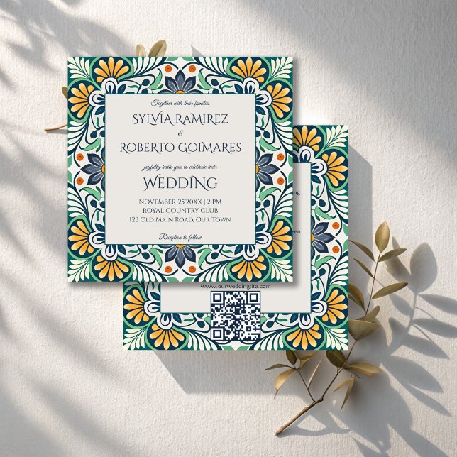 Mexican Talavera Azulejo elegant wedding with RSVP Invitation (Mexican Talavera Azul elegant wedding Invitations with RSVP teal green colorful wedding cards)