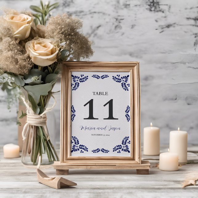 Mexican Talavera Blue Floral Minimalist Wedding Table Number (Mexican Talavera Blue Floral Minimalist Wedding Table Number)
