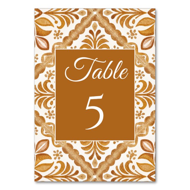 Mexican Talavera brown elegant wedding Table Number (Front)
