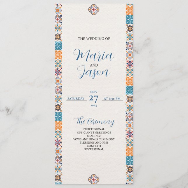 Mexican Talavera Colourful Floral Fiesta Wedding Programme (Front)