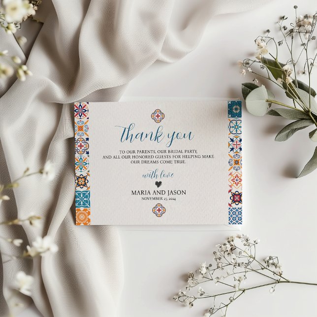 Mexican Talavera Colourful Floral Fiesta Wedding Thank You Card (Mexican Talavera Colorful Floral Fiesta Wedding Thank You Card)