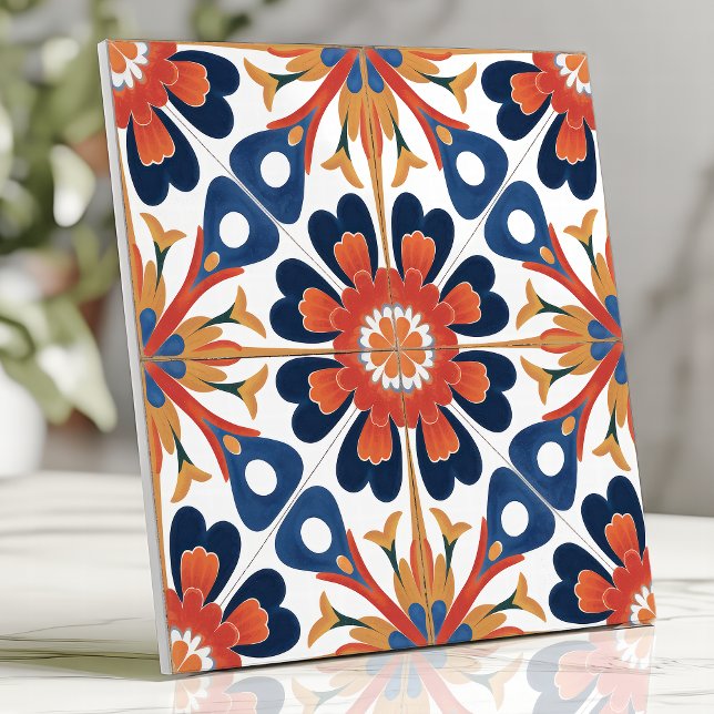 Mexican Talavera Floral Medallion Cobalt Orange  Tile (Creator Uploaded)