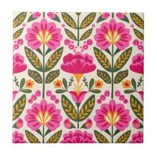 Mexican Talavera Flowers Fuchsia Pink Floral  Tile