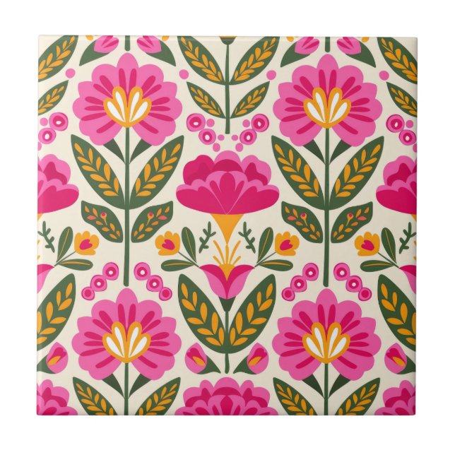 Mexican Talavera Flowers Fuchsia Pink Floral  Tile (Front)