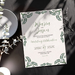 Mexican Talavera Green Floral Minimalist Wedding Invitation