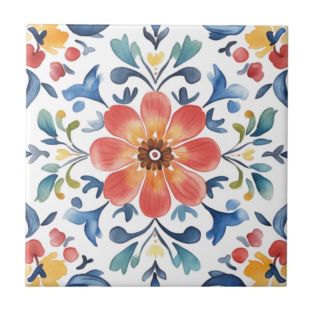 Mexican Talavera Hacienda Style Floral Tile (Front)