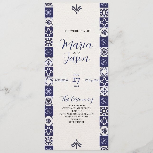 Mexican Talavera Majolica Navy Blue White Wedding Programme (Front)
