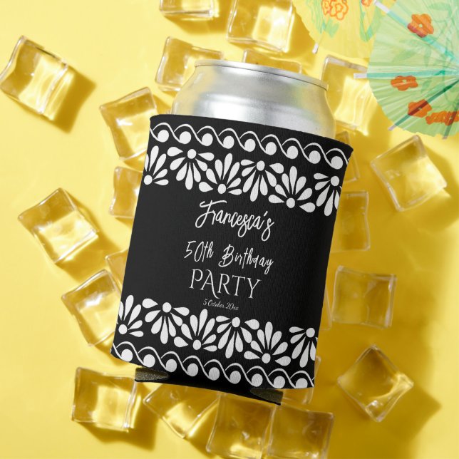 Mexican talavera party favours monogram black can cooler (In Situ Summer)