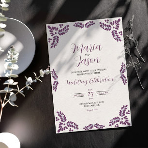 Mexican Talavera Purple Floral Minimalist Wedding Invitation
