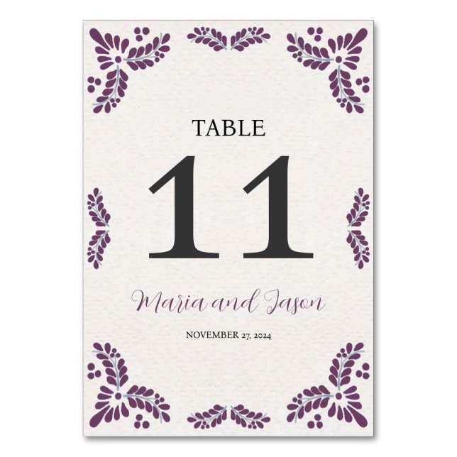 Mexican Talavera Purple Floral Minimalist Wedding Table Number (Front)