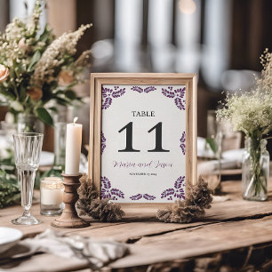 Mexican Talavera Purple Floral Minimalist Wedding Table Number
