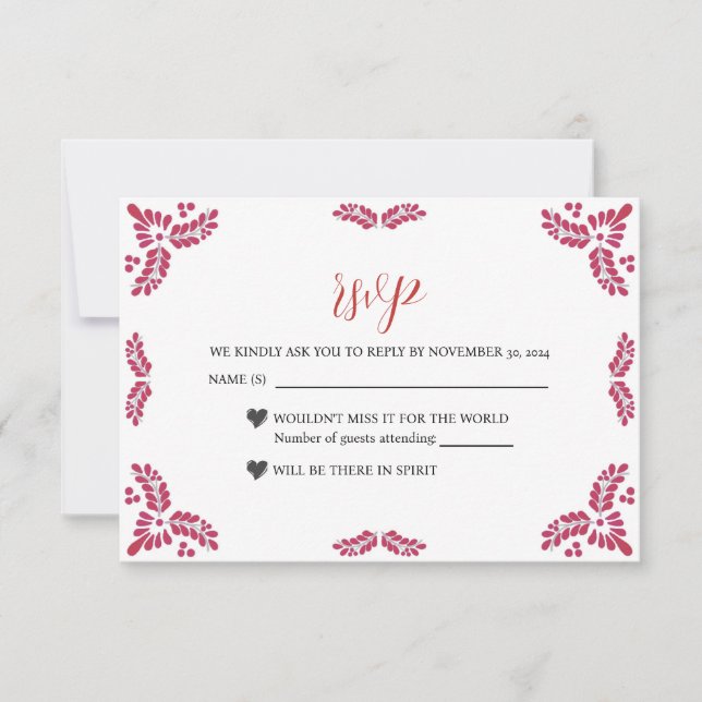 Mexican Talavera Red Floral Minimalist Wedding RSVP Card (Front)