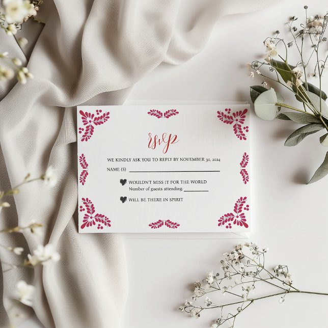 Mexican Talavera Red Floral Minimalist Wedding RSVP Card (Mexican Talavera Red Floral Minimalist Wedding RSVP Card)