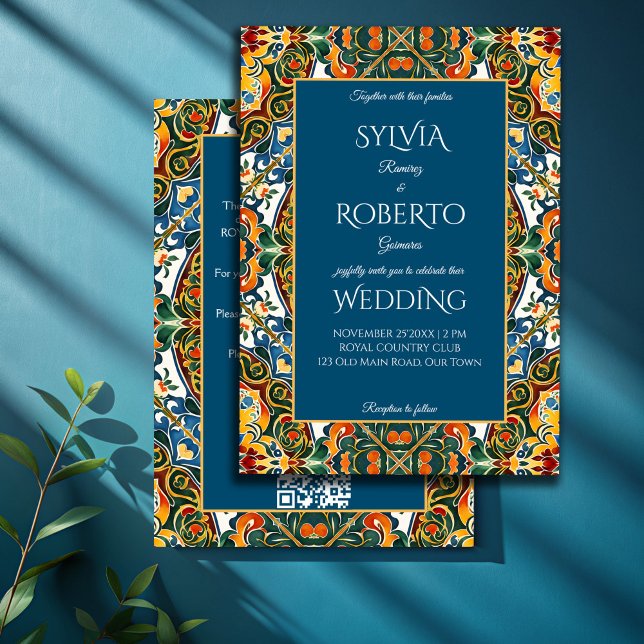 Mexican Talavera teal elegant wedding with RSVP Invitation (Mexican Talavera teal elegant wedding with RSVP Invitation template vintage Mexican wedding cards)