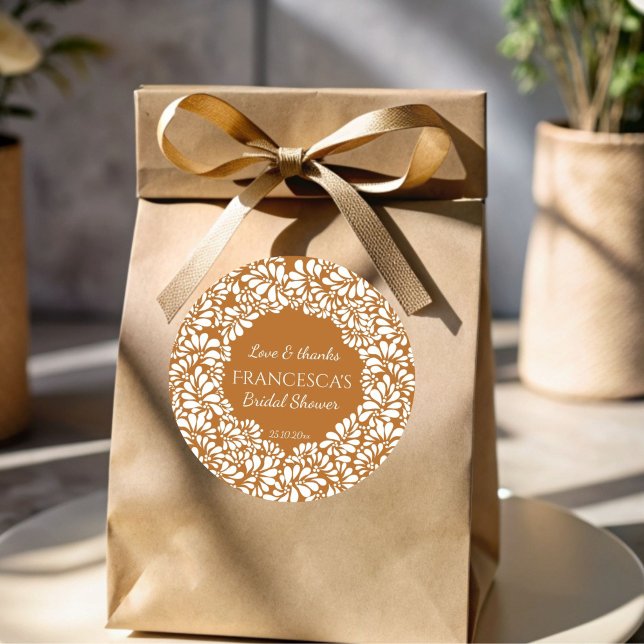 Mexican talavera terracotta bridal shower favour classic round sticker (Vintage Mexican talavera terracotta bridal shower thank you favor sticker template )