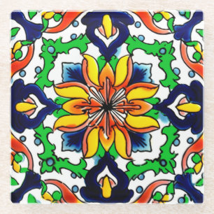 Mexican Talavera Terracotta Tile Design No. 6 Glass Coaster