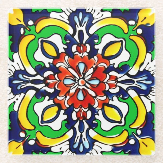 Mexican Talavera Terracotta Tile Design No. 7 Glass Coaster (Front)