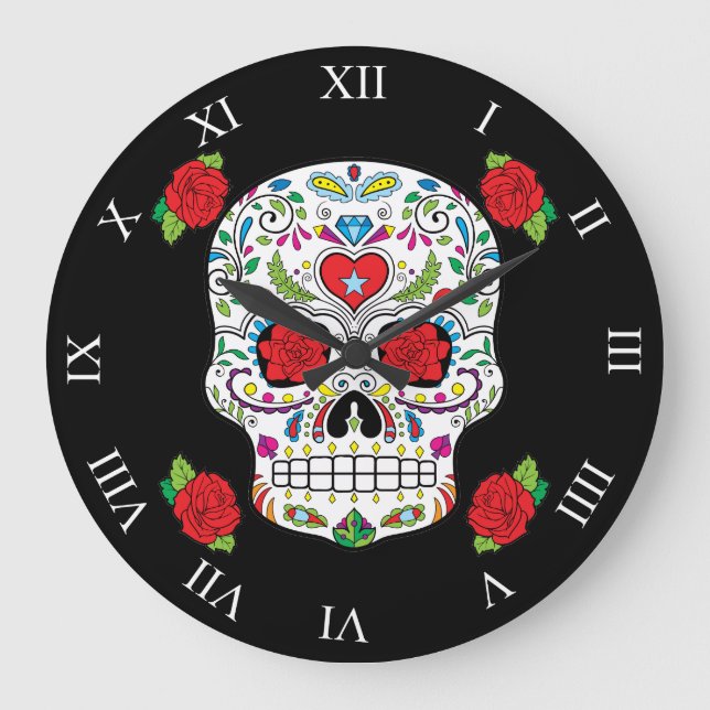 Mexican Tattoo Sugar Skull and Red Roses Large Clock (Front)