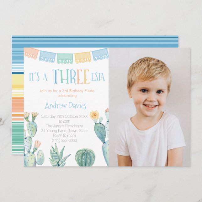 Mexican Theme 3rd Birthday Party Three-esta Photo Invitation (Front/Back)