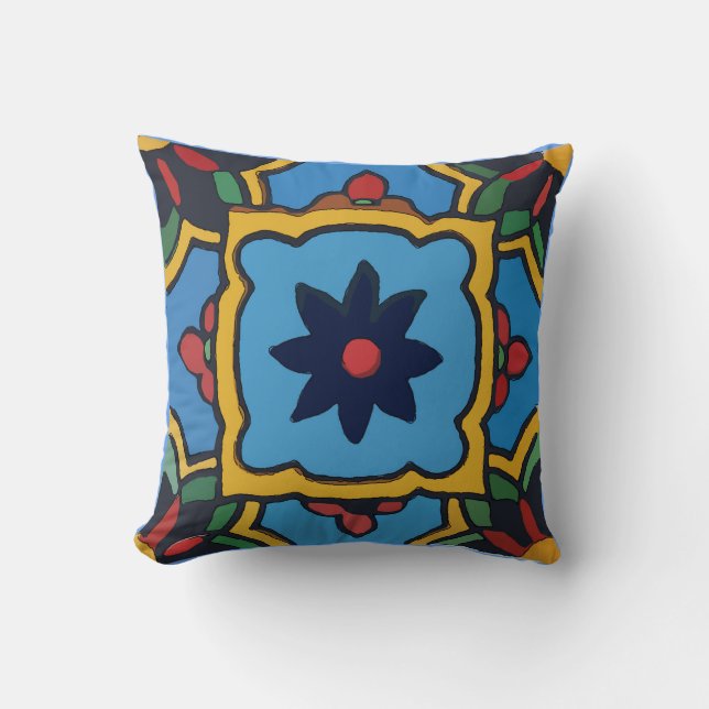 Mexican Tile Blue Flower Cushion (Front)