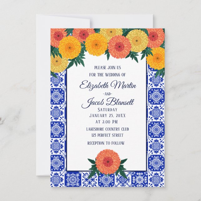 Mexican Tile Marigolds Wedding Invitation (Front)