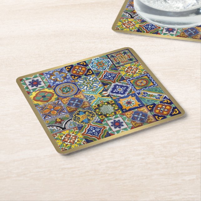 Mexican Tiles Square Paper Coaster (Angled)