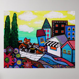MEXICAN TOWN CAT BOAT PAINTING POSTER