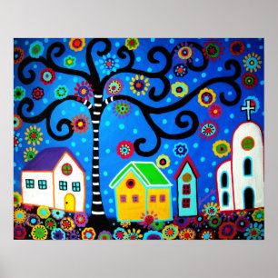 MEXICAN TOWN TREE OF LIFE PAINTING POSTER