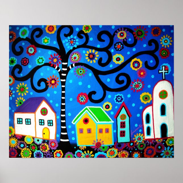 MEXICAN TOWN TREE OF LIFE PAINTING POSTER (Front)