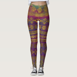 Mexican /Tribal Style pattern - Gold on Vintage pu Leggings