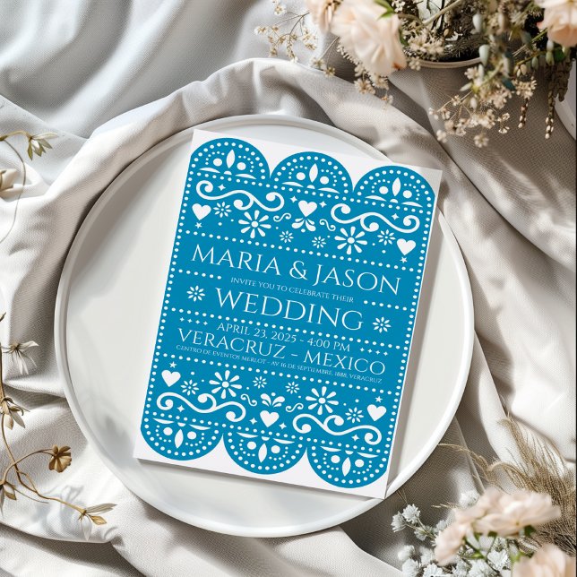 Mexican Turquoise Papel Picado Folk Art Wedding Invitation (Mexican Turquoise Papel Picado Folk Art Wedding Invitation)