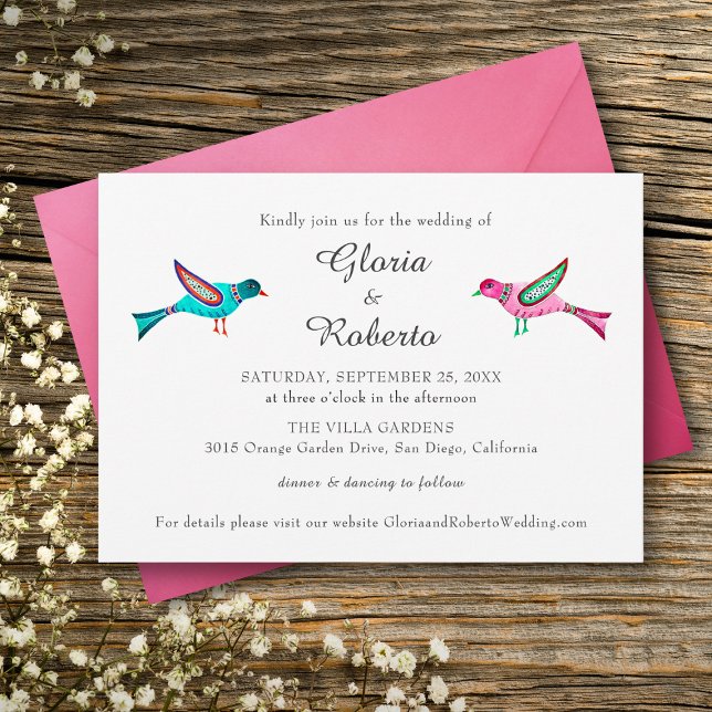 Mexican Wedding Pink & Blue Lovebirds Boho  Invitation (Creator Uploaded)