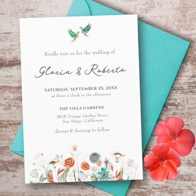 Mexican Wedding Watercolor Lovebirds & Flowers Invitation (Creator Uploaded)