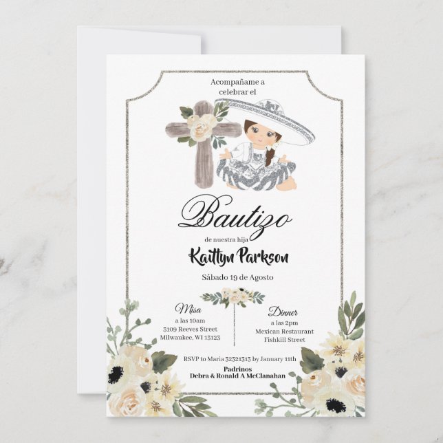 Mexican White Silver Charra Gir Bautizo Invitacion Invitation (Front)