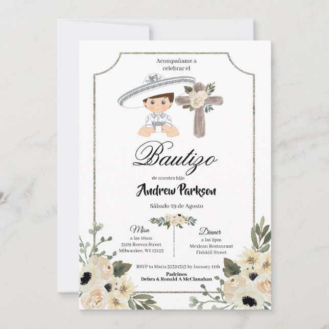 Mexican White Silver Charro Boy Bautizo Invitacion Invitation (Front)