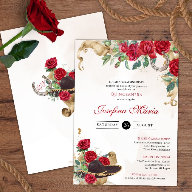 Mexicana Mariachi Charra Red Roses Quinceanera Invitation (Creator Uploaded)