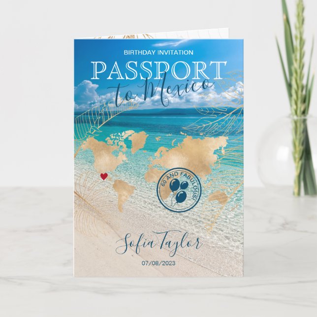 Mexico 60 and Fabulous Birthday Passport Map Invitation (Front)