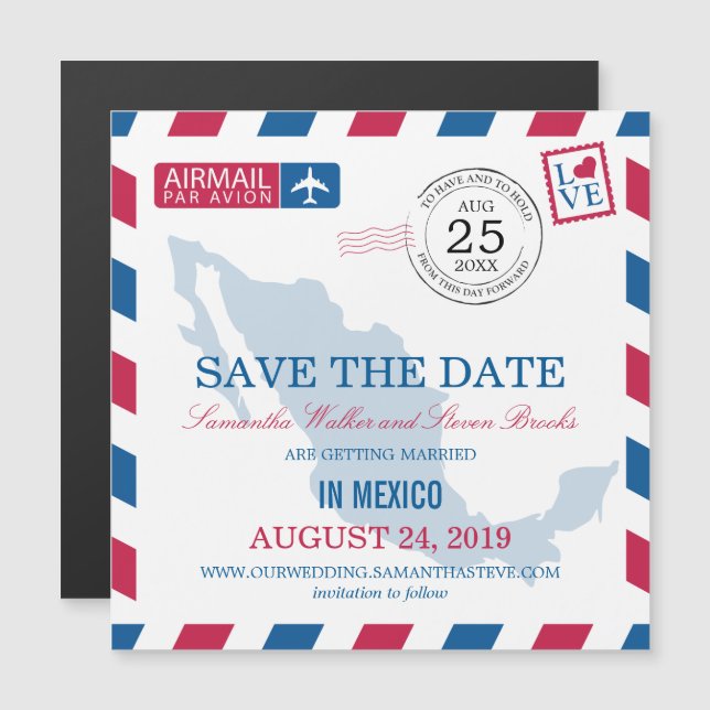 Mexico Airmail Save the Date Magnetic Invitation (Front/Back)