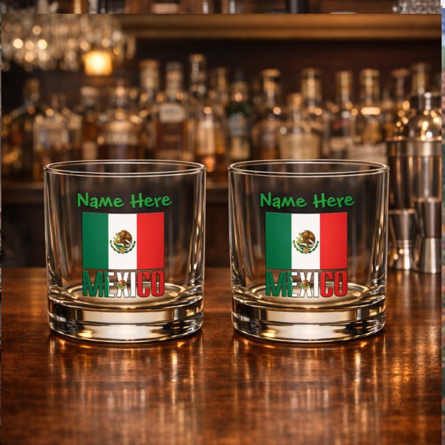 Mexico and Mexican Flag Green Personalisation  Whiskey Glass (Personalized whiskey glasses have Mexican Flag and MEXICO in flag colors. Add name above.)
