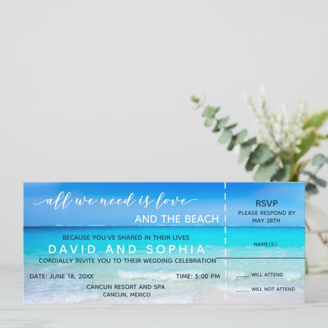 Mexico Beach Boarding Pass Wedding RSVP Invitation (Standing Front)