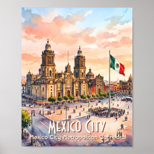 Mexico City Catholic Cathedral Watercolor Travel Poster