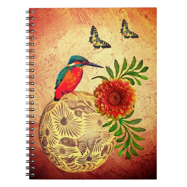 Mexico Earth Tones W/ Red Bird, Butterfly & Flower Notebook (Front)